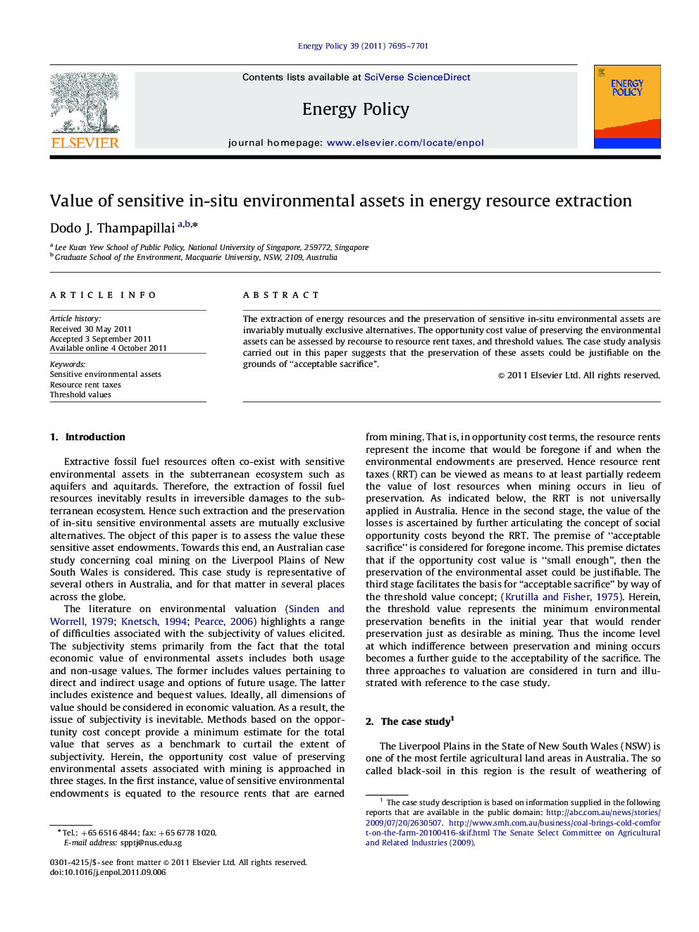 Value of sensitive in-situ environmental assets in energy resource extraction
