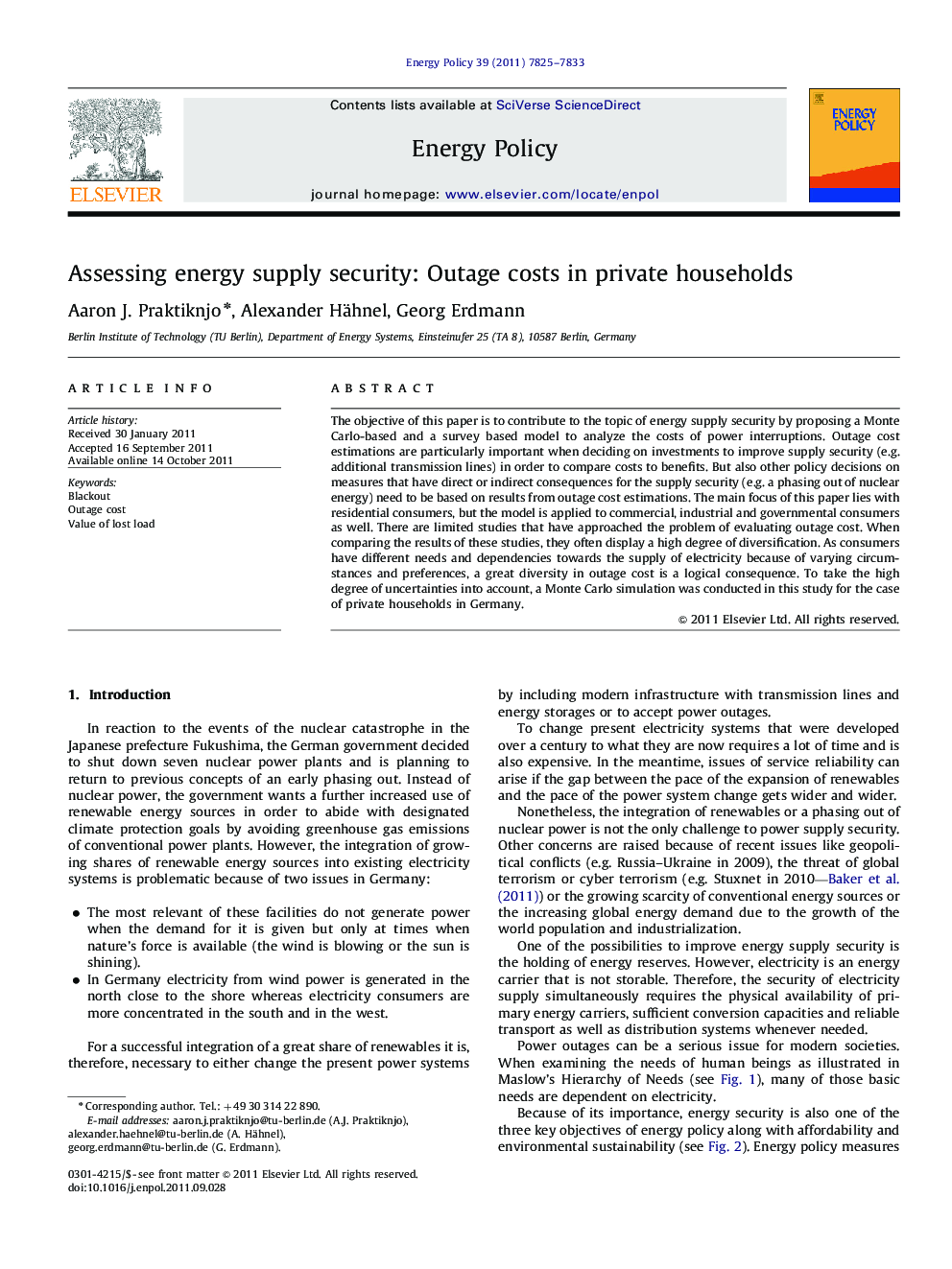 Assessing energy supply security: Outage costs in private households