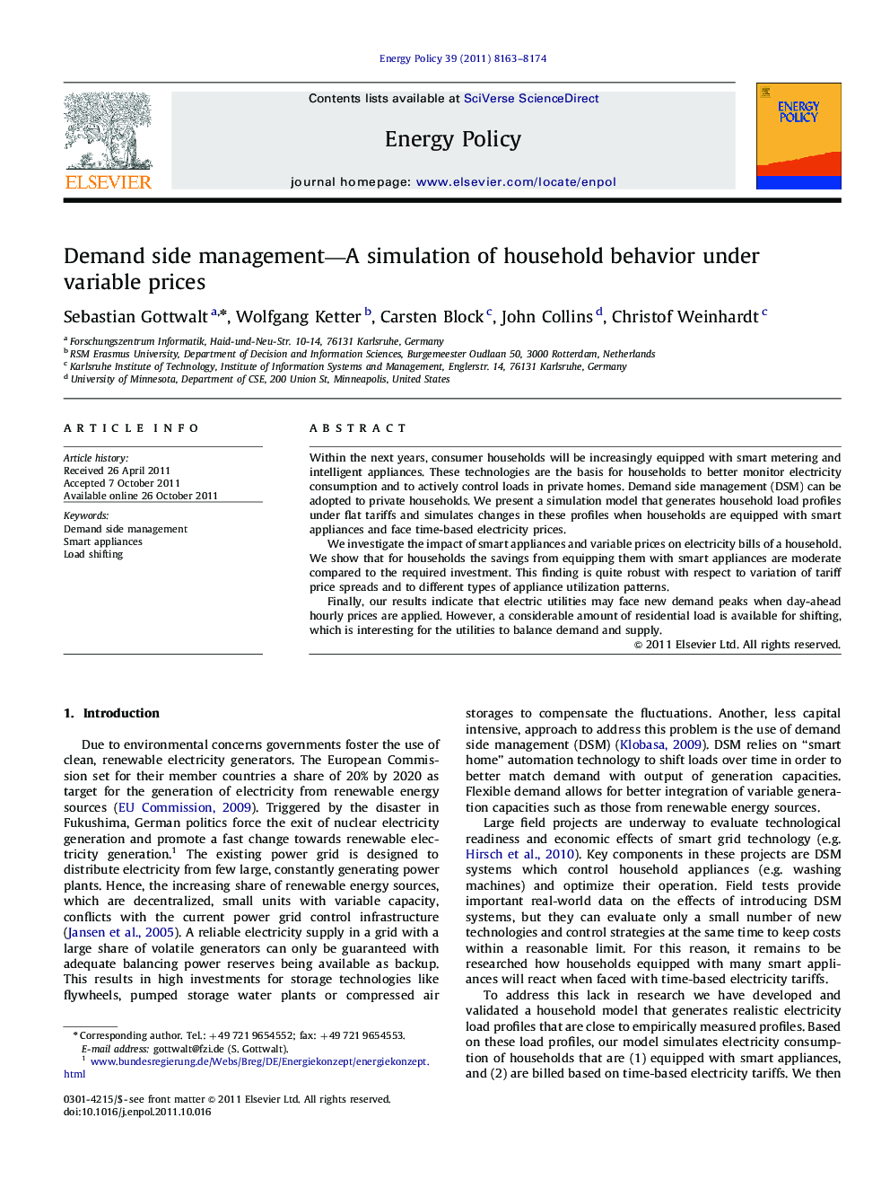 Demand side management—A simulation of household behavior under variable prices