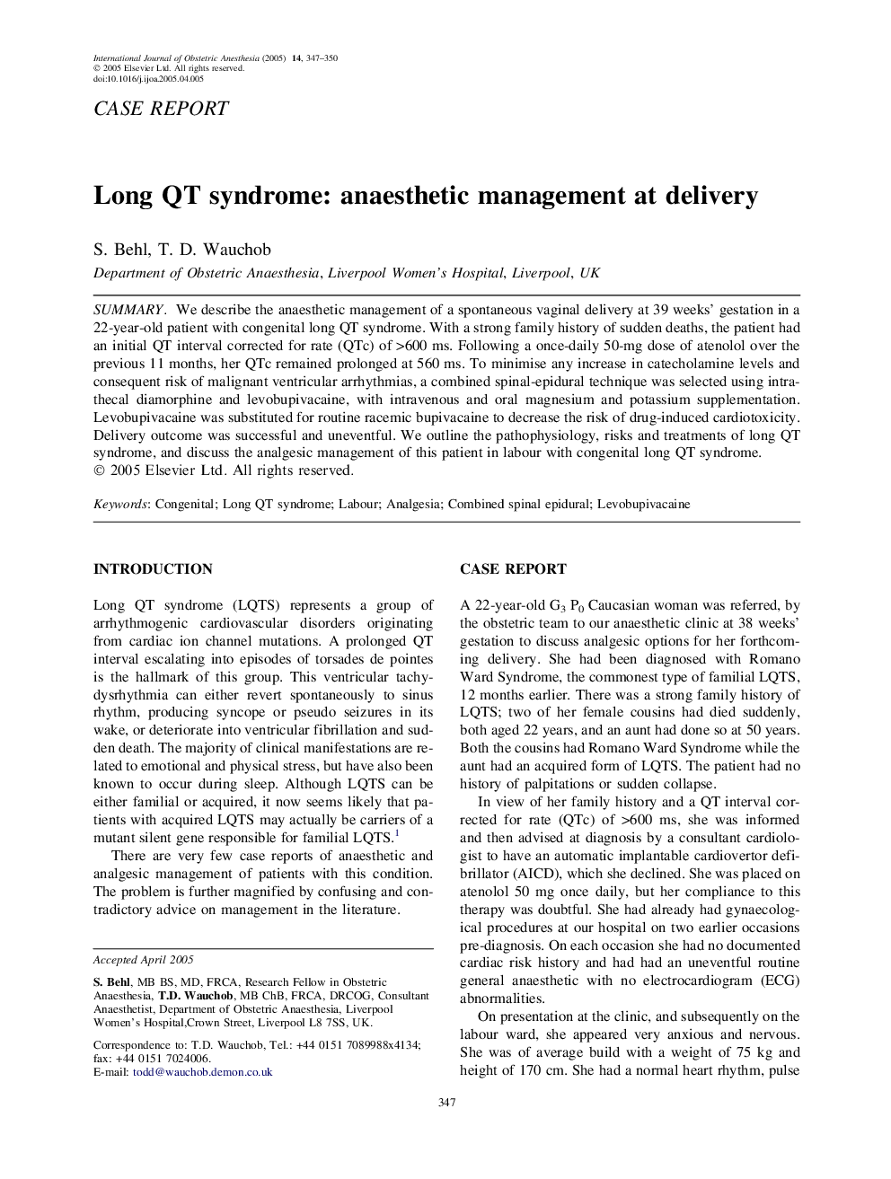 Long QT syndrome: anaesthetic management at delivery