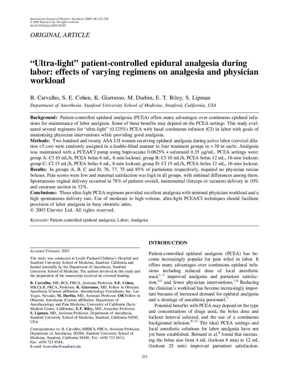 “Ultra-light” patient-controlled epidural analgesia during labor: effects of varying regimens on analgesia and physician workload