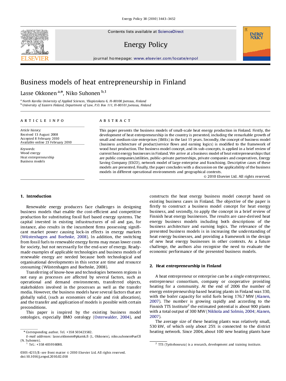 Business models of heat entrepreneurship in Finland