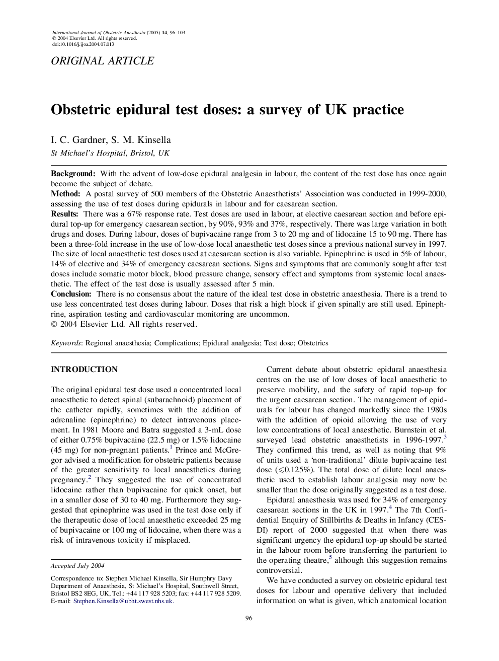 Obstetric epidural test doses: a survey of UK practice