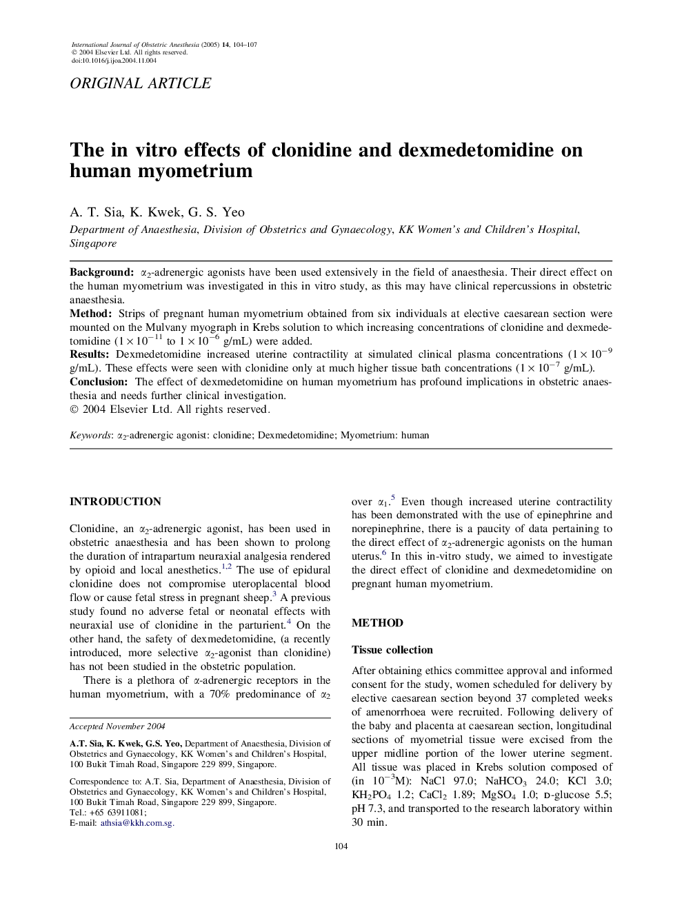 The in vitro effects of clonidine and dexmedetomidine on human myometrium