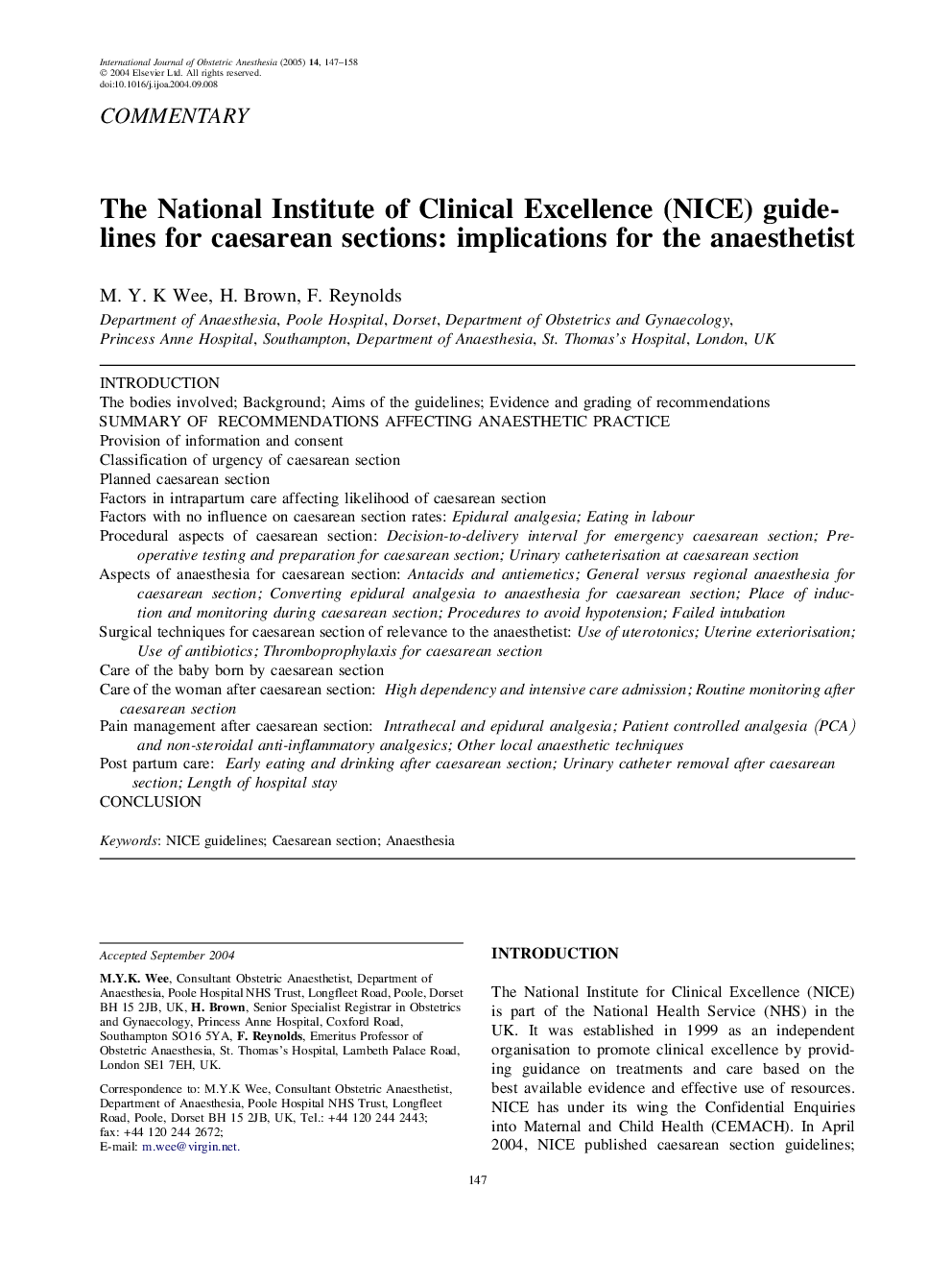 The National Institute of Clinical Excellence (NICE) guidelines for caesarean sections: implications for the anaesthetist