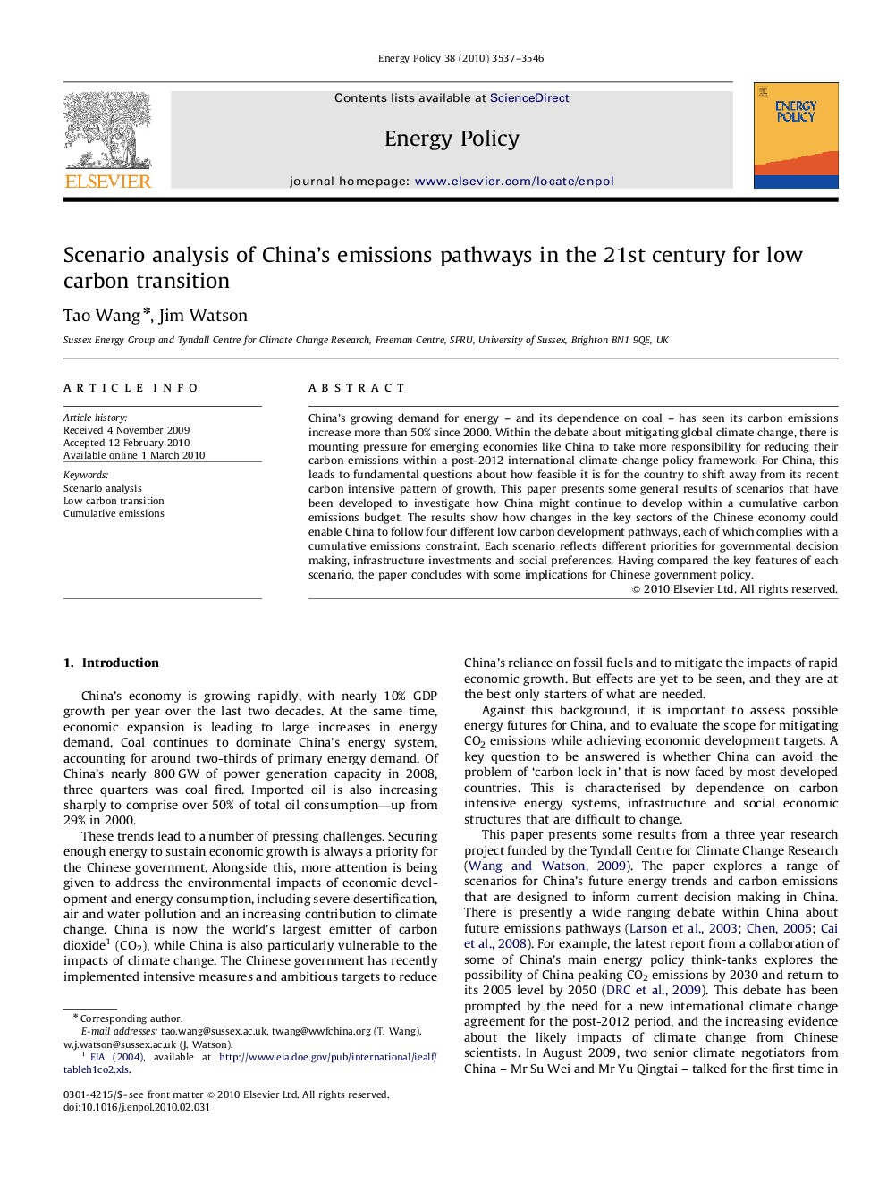 Scenario analysis of China’s emissions pathways in the 21st century for low carbon transition