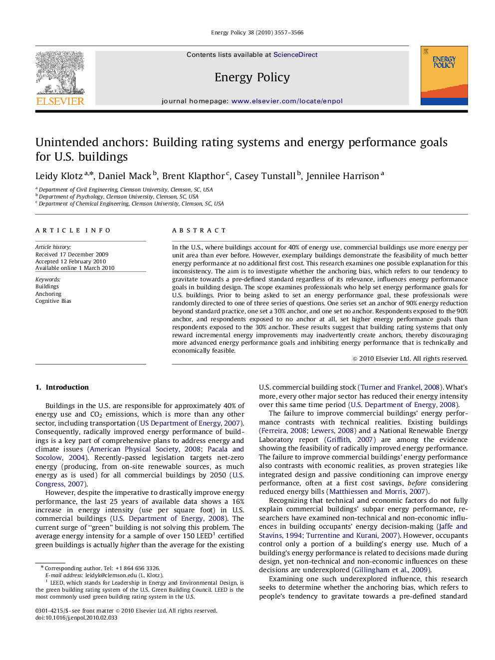 Unintended anchors: Building rating systems and energy performance goals for U.S. buildings