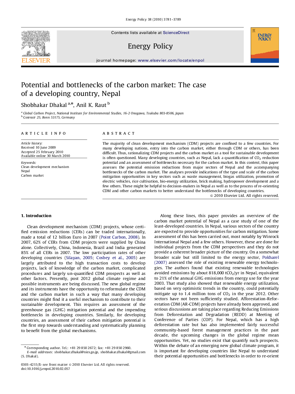 Potential and bottlenecks of the carbon market: The case of a developing country, Nepal