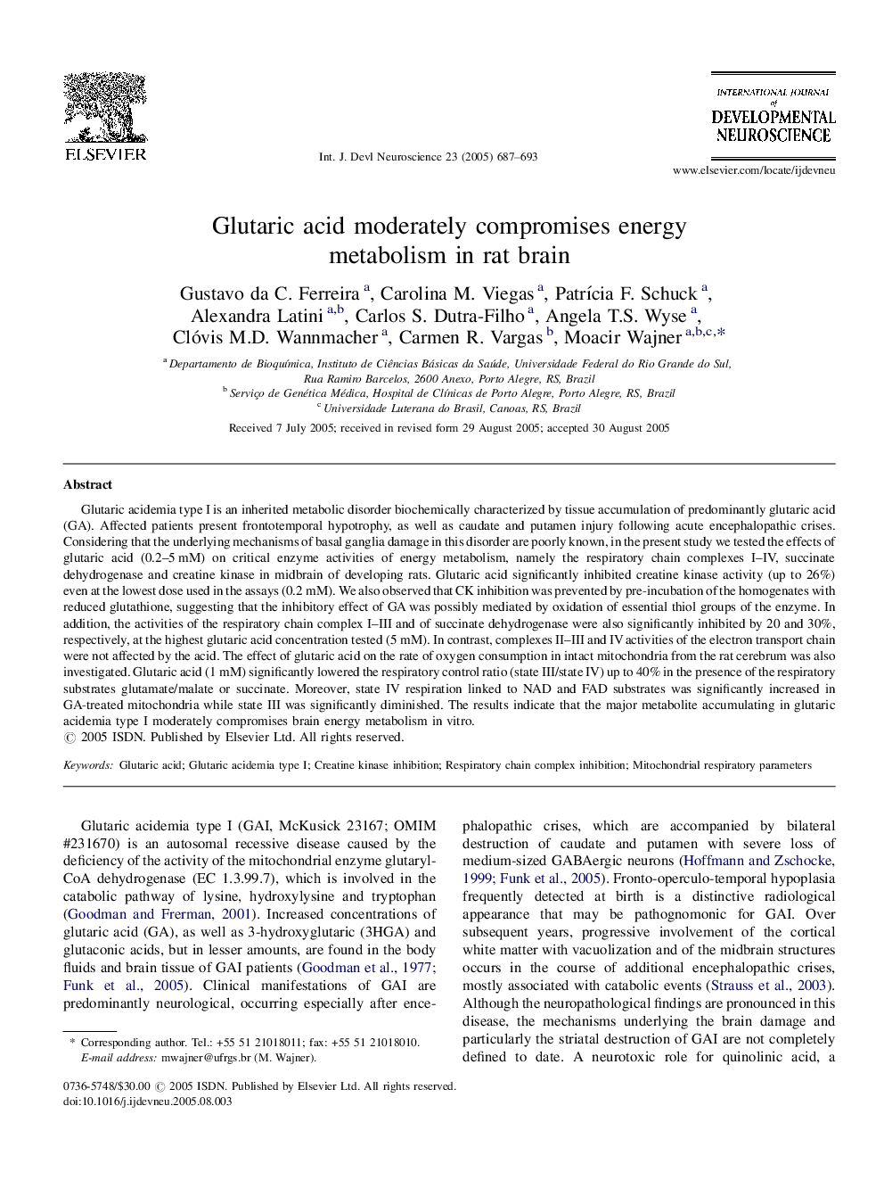 Glutaric acid moderately compromises energy metabolism in rat brain