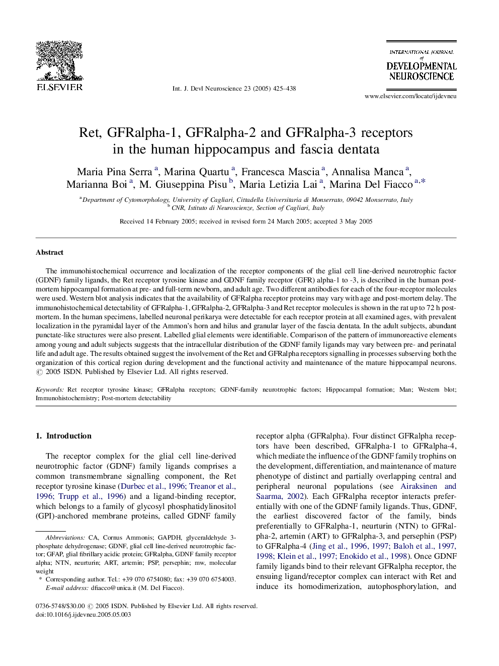 Ret, GFRalpha-1, GFRalpha-2 and GFRalpha-3 receptors in the human hippocampus and fascia dentata