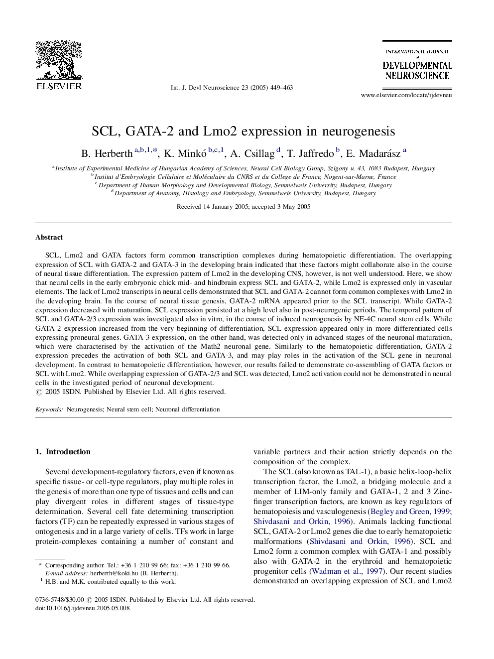 SCL, GATA-2 and Lmo2 expression in neurogenesis