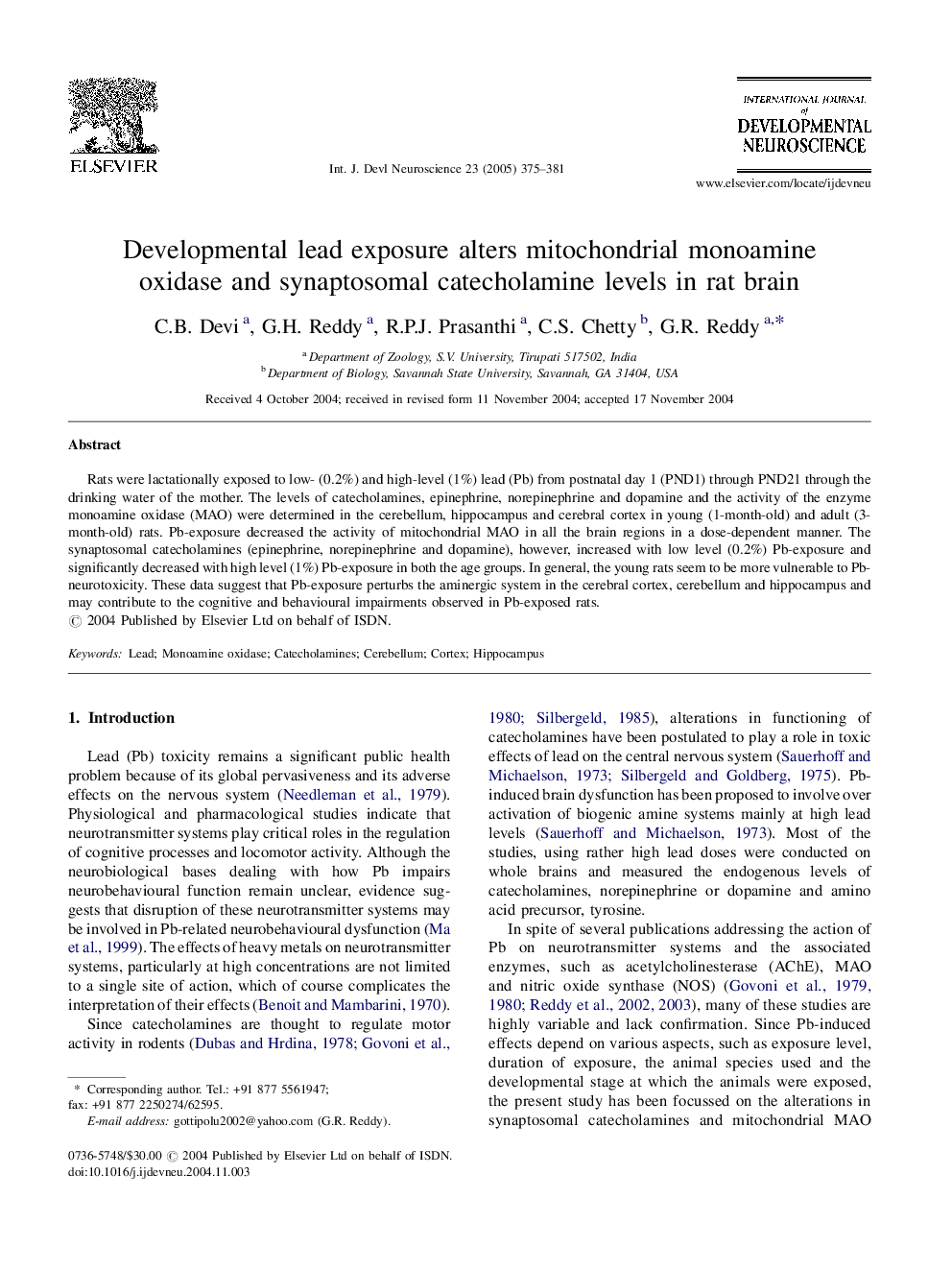 Developmental lead exposure alters mitochondrial monoamine oxidase and synaptosomal catecholamine levels in rat brain