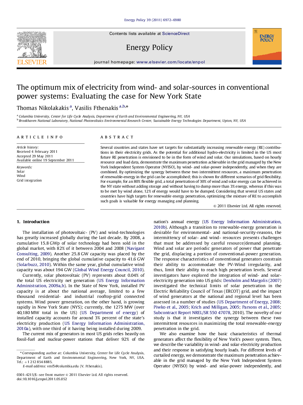 The optimum mix of electricity from wind- and solar-sources in conventional power systems: Evaluating the case for New York State