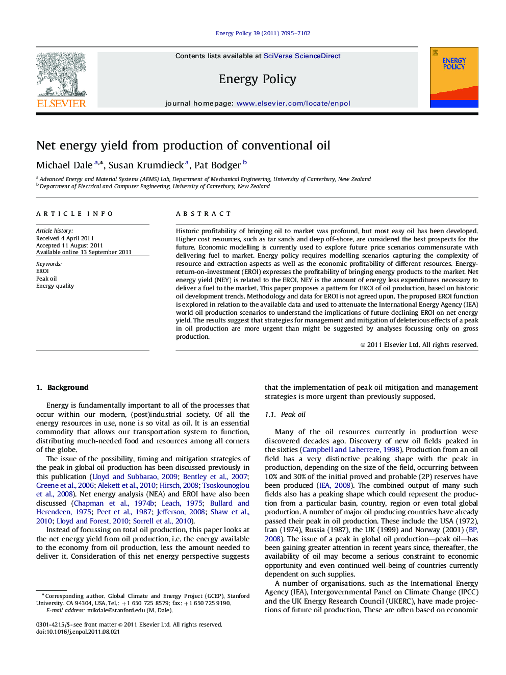 Net energy yield from production of conventional oil