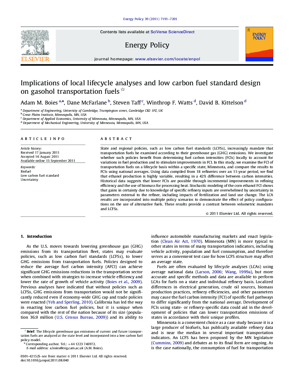 Implications of local lifecycle analyses and low carbon fuel standard design on gasohol transportation fuels 