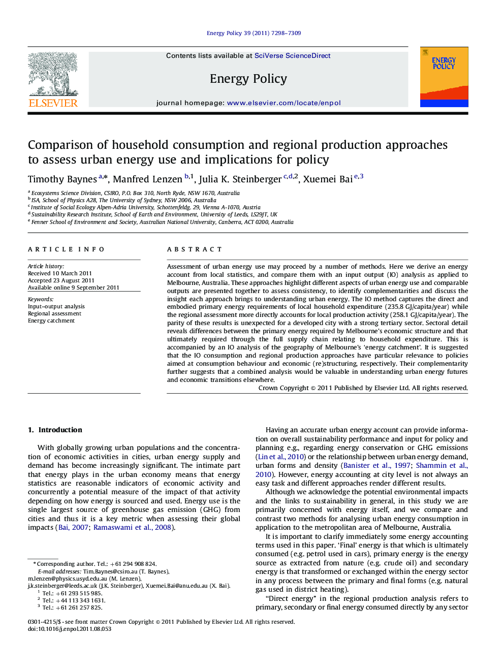 Comparison of household consumption and regional production approaches to assess urban energy use and implications for policy