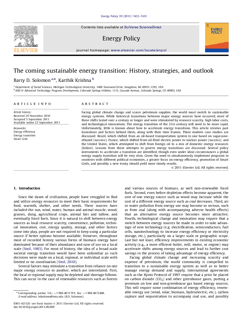 The coming sustainable energy transition: History, strategies, and outlook