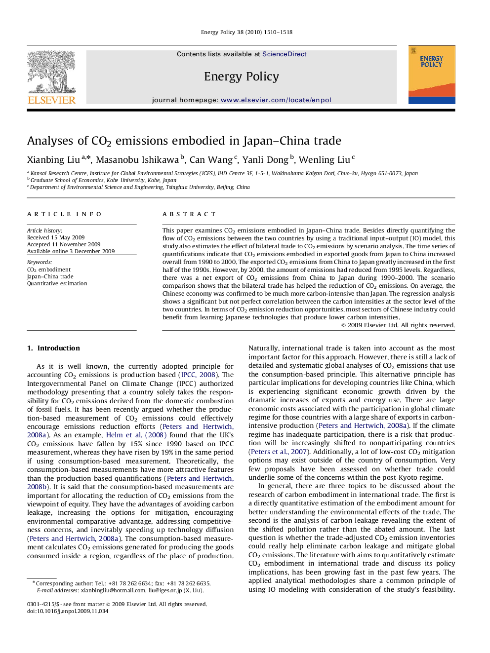 Analyses of CO2 emissions embodied in Japan–China trade