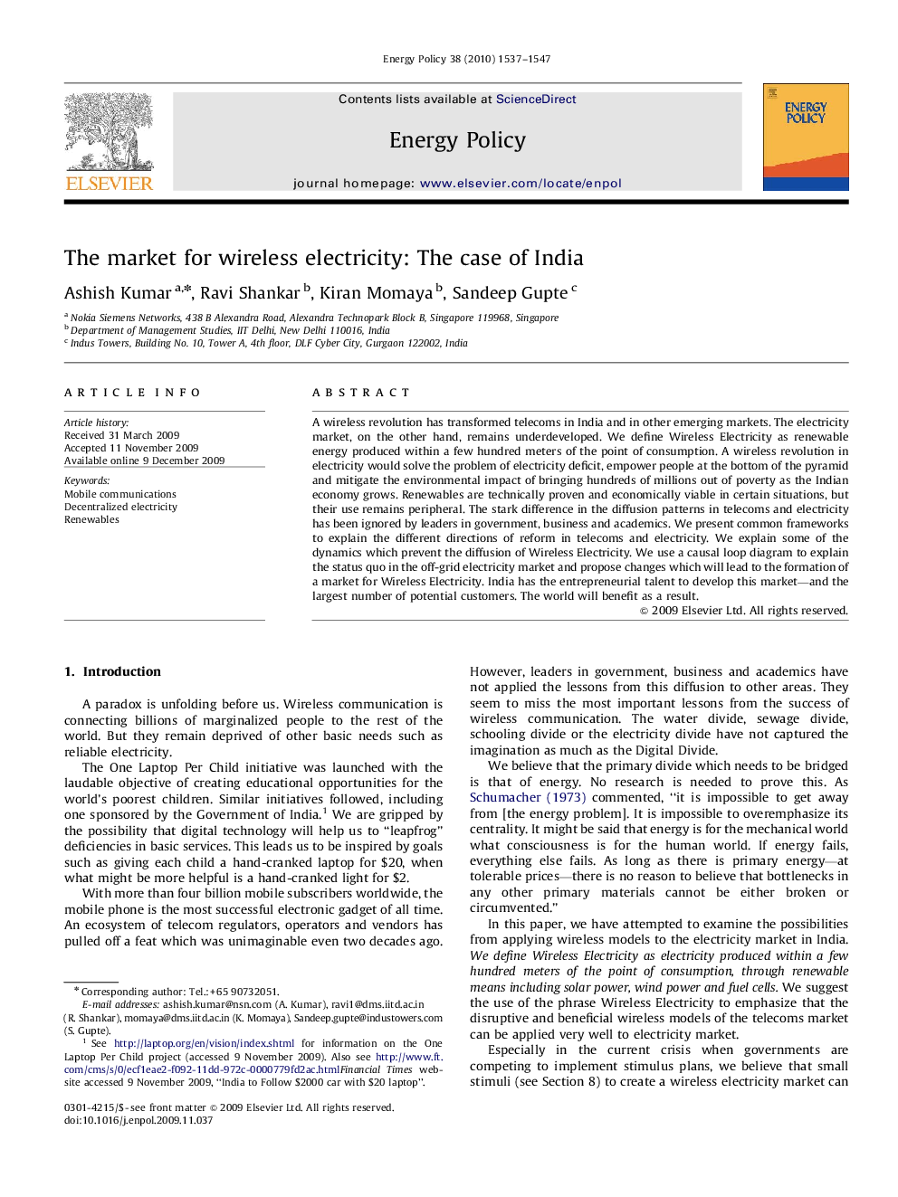 The market for wireless electricity: The case of India