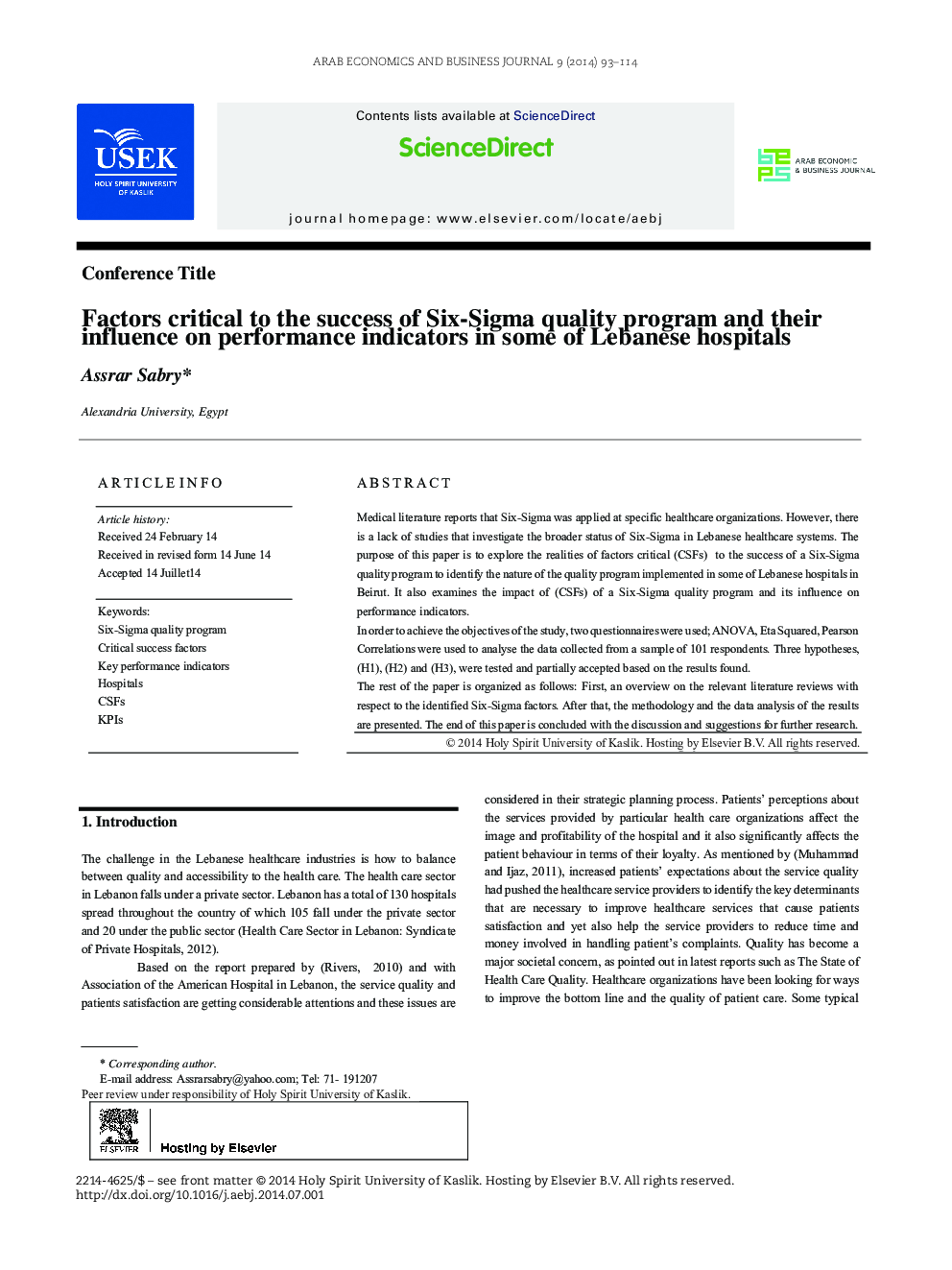 Factors critical to the success of Six-Sigma quality program and their influence on performance indicators in some of Lebanese hospitals 