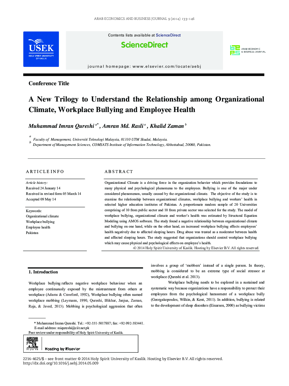 A New Trilogy to Understand the Relationship among Organizational Climate, Workplace Bullying and Employee Health 