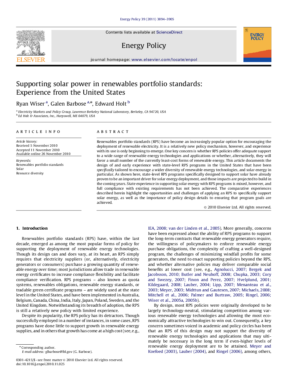 Supporting solar power in renewables portfolio standards: Experience from the United States