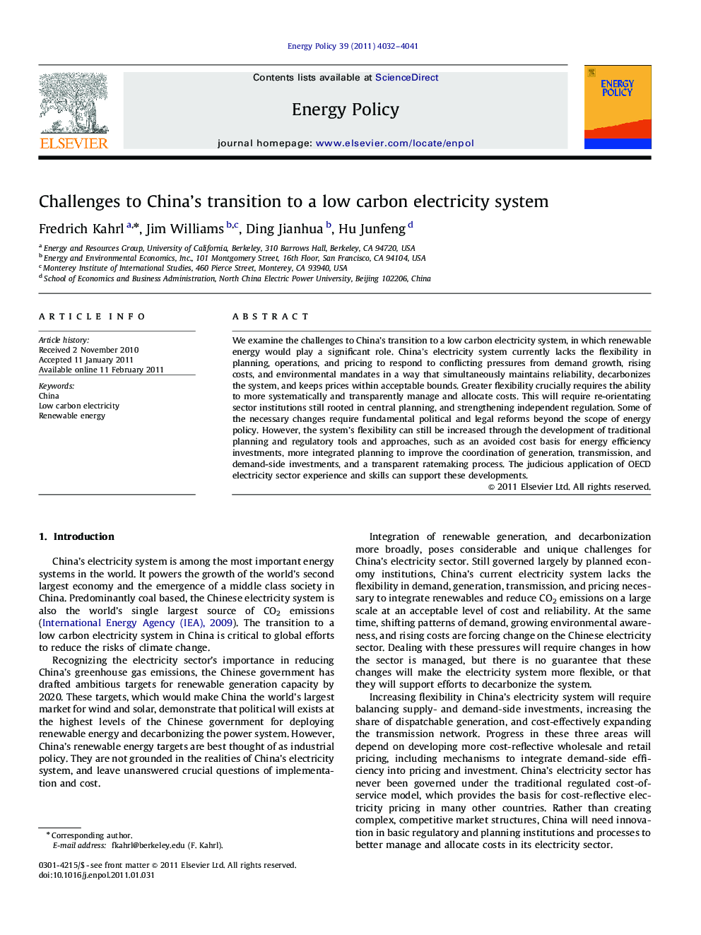 Challenges to China's transition to a low carbon electricity system