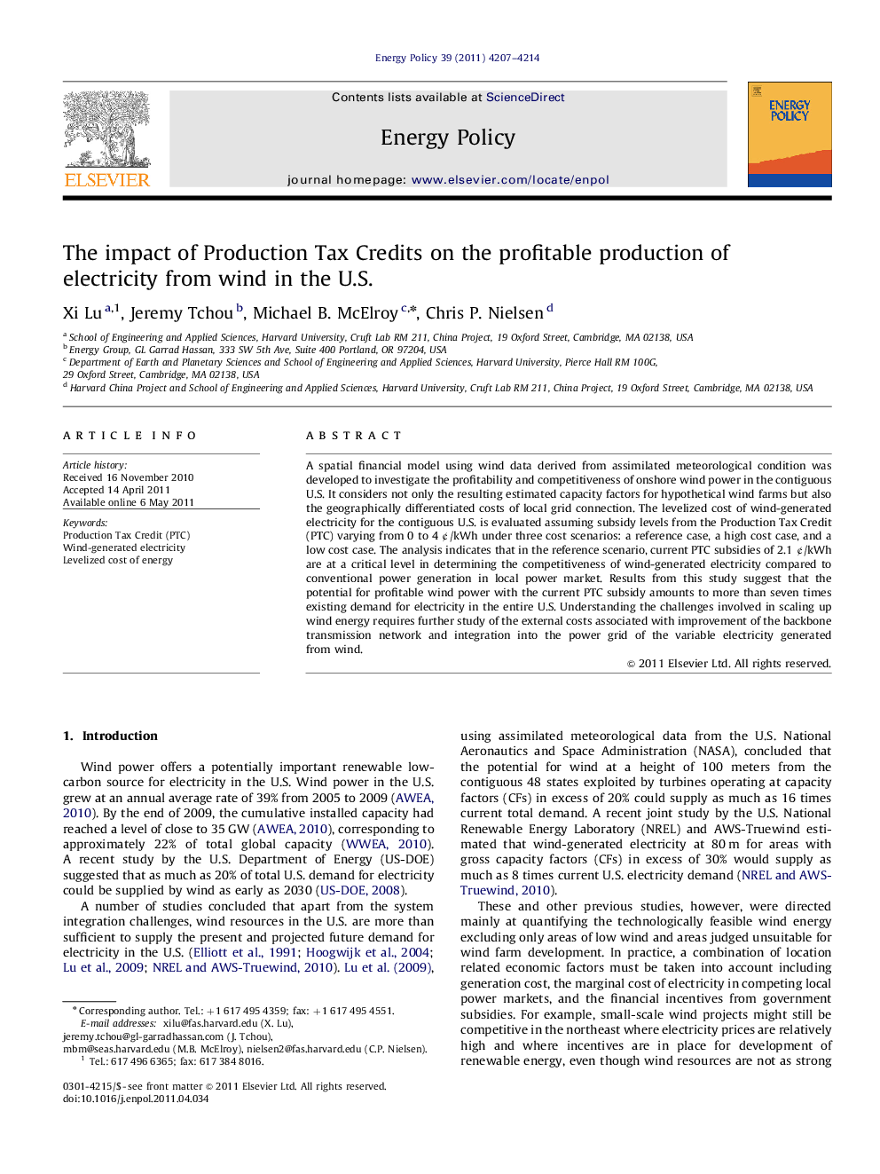 The impact of Production Tax Credits on the profitable production of electricity from wind in the U.S.