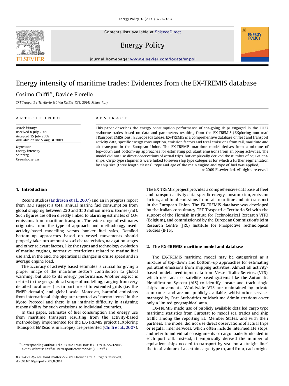 Energy intensity of maritime trades: Evidences from the EX-TREMIS database