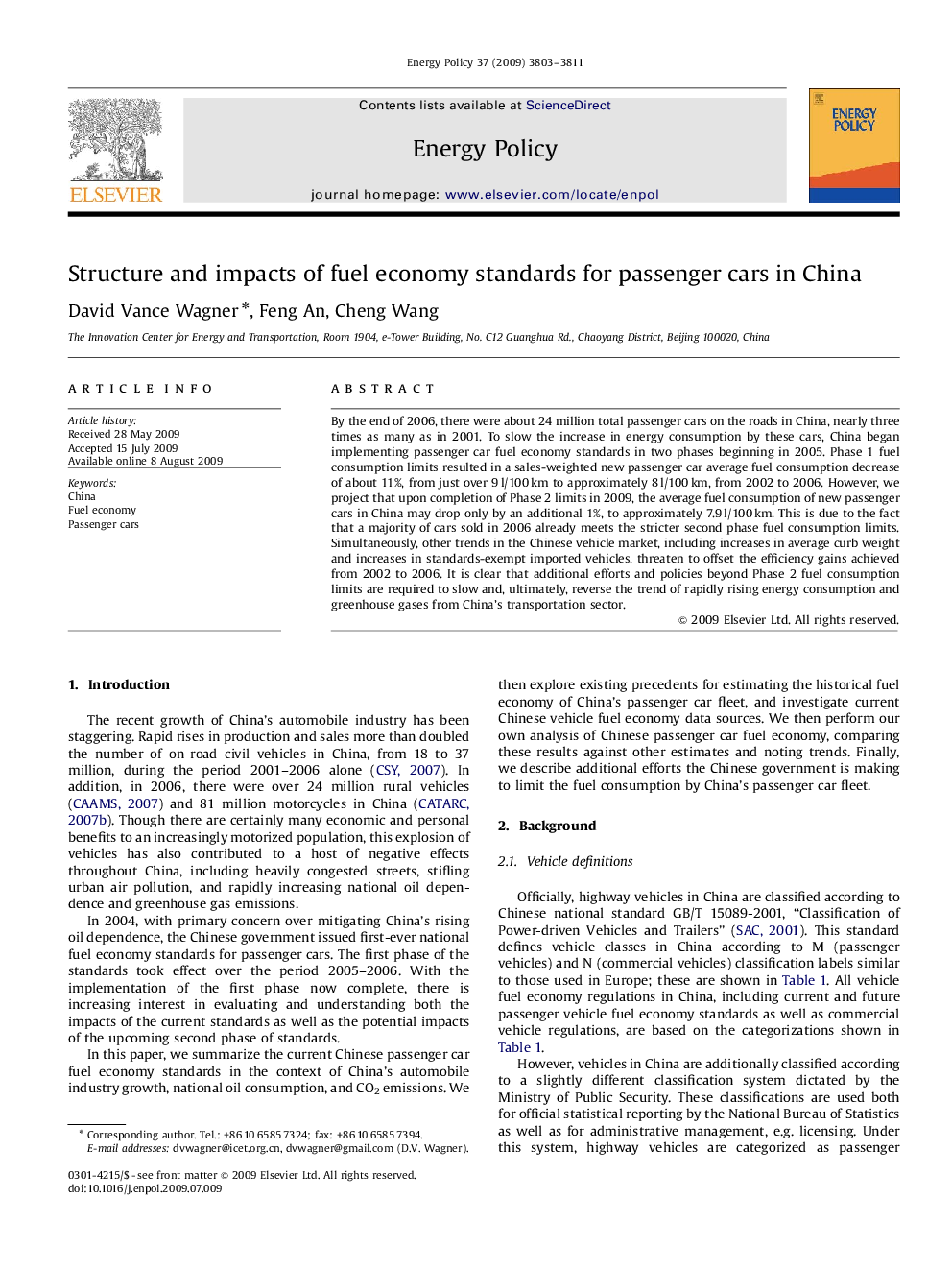 Structure and impacts of fuel economy standards for passenger cars in China