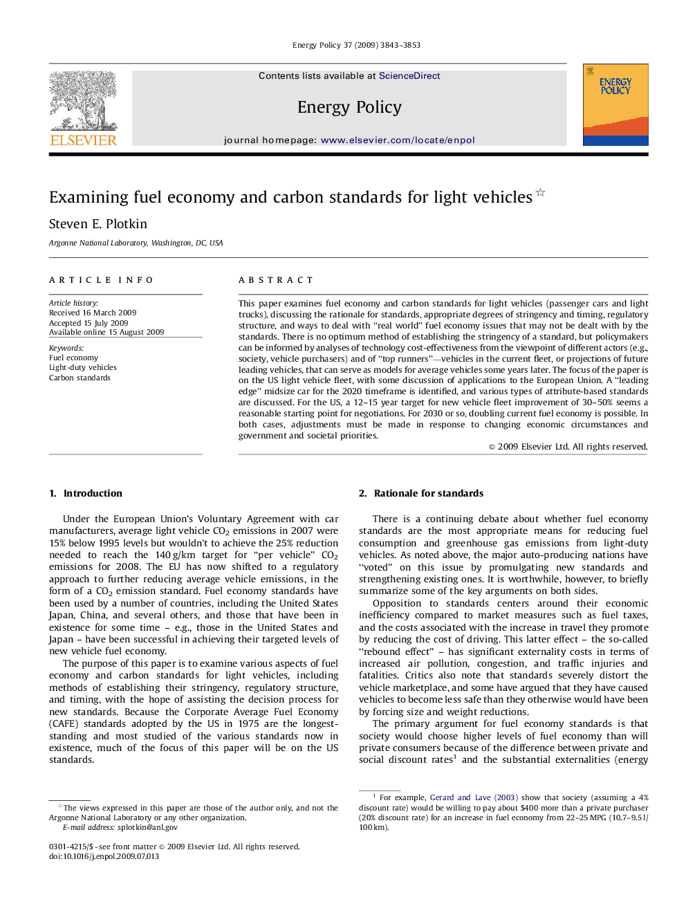 Examining fuel economy and carbon standards for light vehicles 