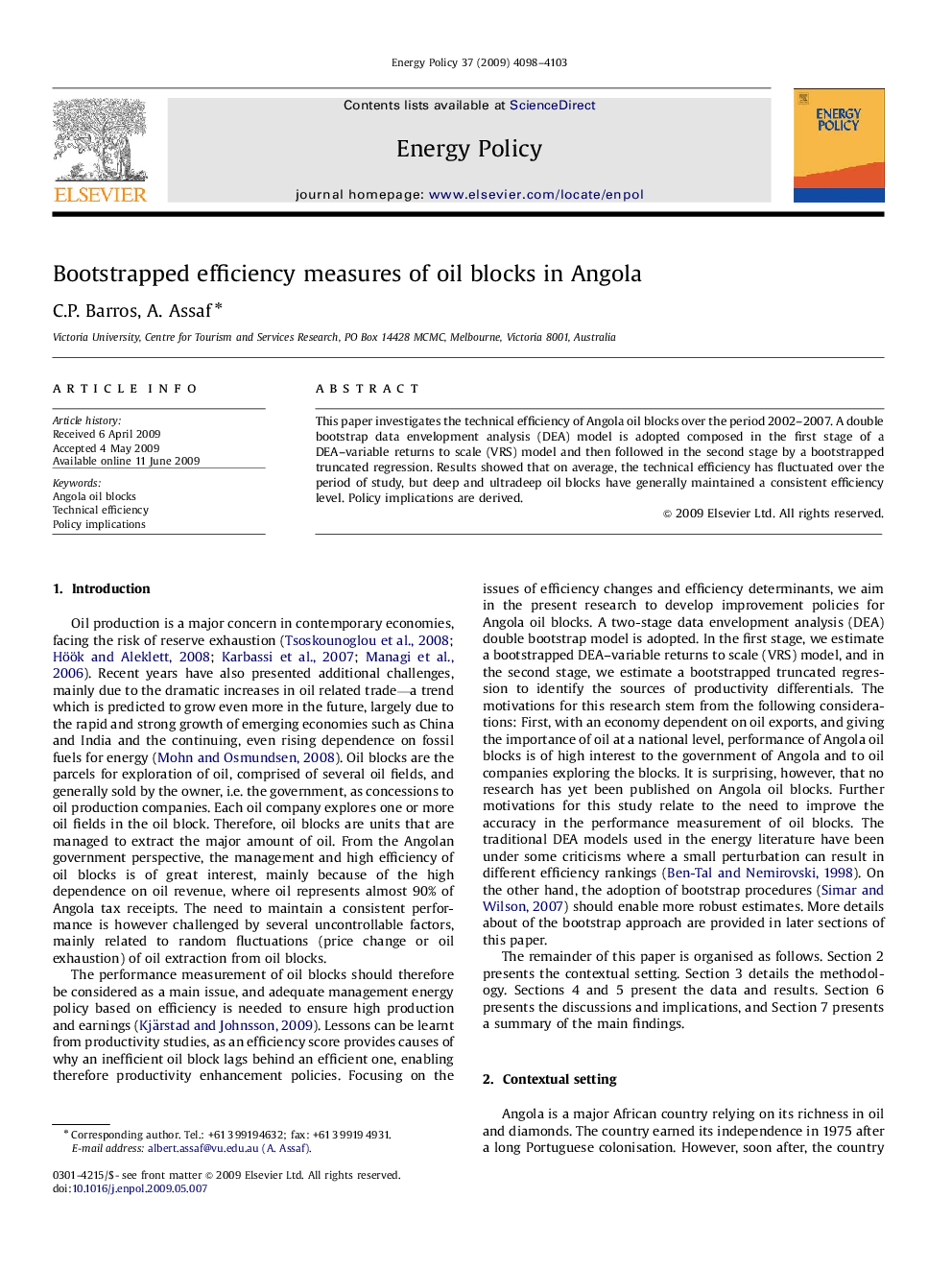 Bootstrapped efficiency measures of oil blocks in Angola