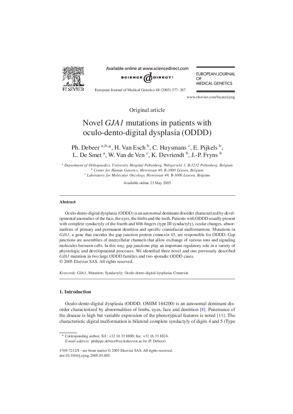 Novel GJA1 mutations in patients with oculo-dento-digital dysplasia (ODDD)