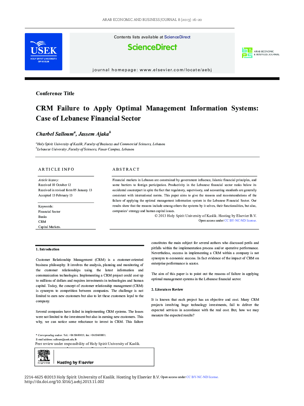 CRM Failure to Apply Optimal Management Information Systems: Case of Lebanese Financial Sector 