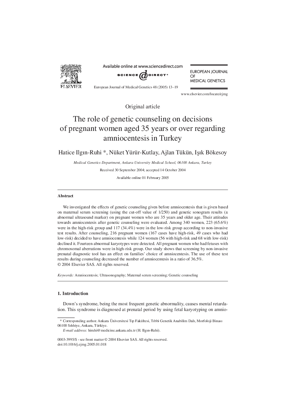 The role of genetic counseling on decisions of pregnant women aged 35 years or over regarding amniocentesis in Turkey