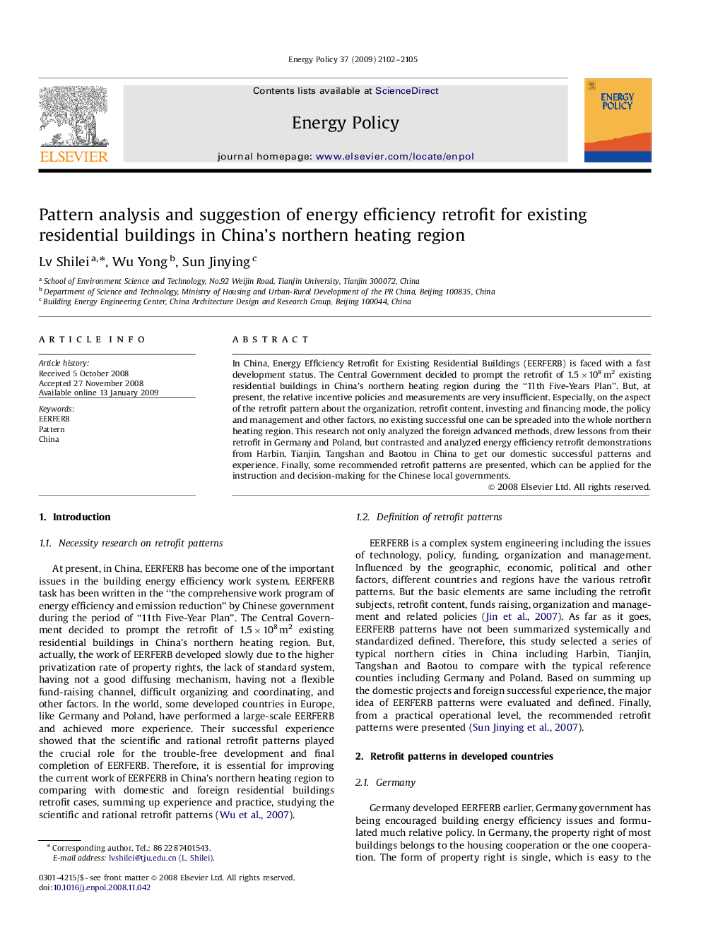 Pattern analysis and suggestion of energy efficiency retrofit for existing residential buildings in China's northern heating region