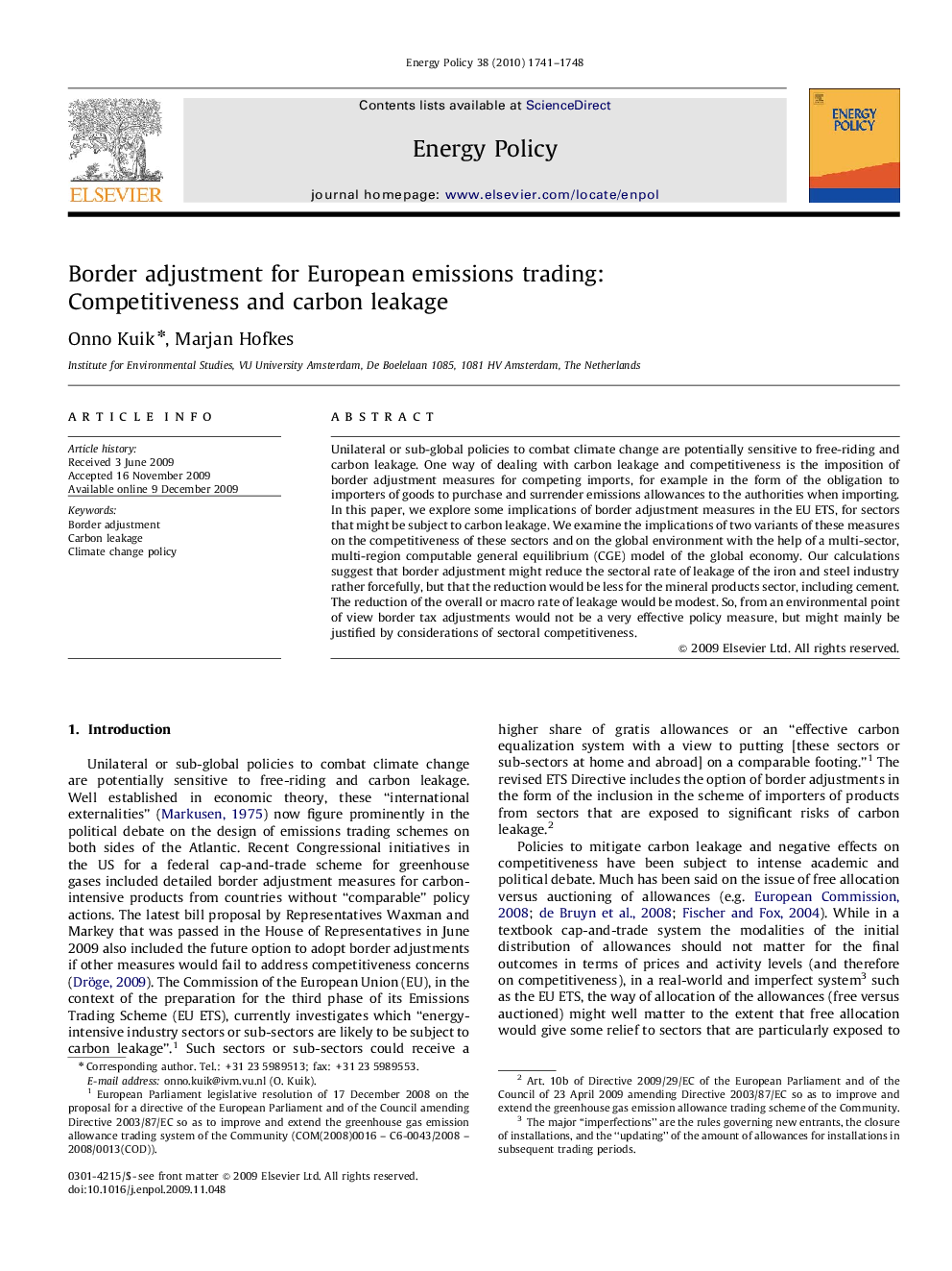 Border adjustment for European emissions trading: Competitiveness and carbon leakage