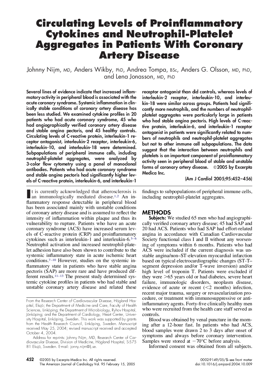 عکس صفحه اول مقاله: Circulating levels of proinflammatory cytokines and neutrophil-platelet aggregates in patients with coronary artery disease Circulating levels of proinflammatory cytokines and neutrophil-platelet aggregates in patients with coronary artery disease