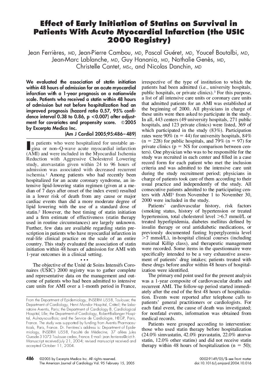 عکس صفحه اول مقاله: Effect of early initiation of statins on survival in patients with acute myocardial infarction (the USIC 2000 Registry) Effect of early initiation of statins on survival in patients with acute myocardial infarction (the USIC 2000 Registry)