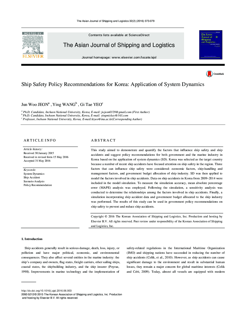 Ship Safety Policy Recommendations for Korea: Application of System Dynamics 