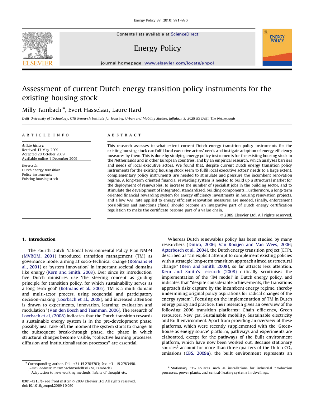 عکس صفحه اول مقاله: Assessment of current Dutch energy transition policy instruments for the existing housing stock Assessment of current Dutch energy transition policy instruments for the existing housing stock