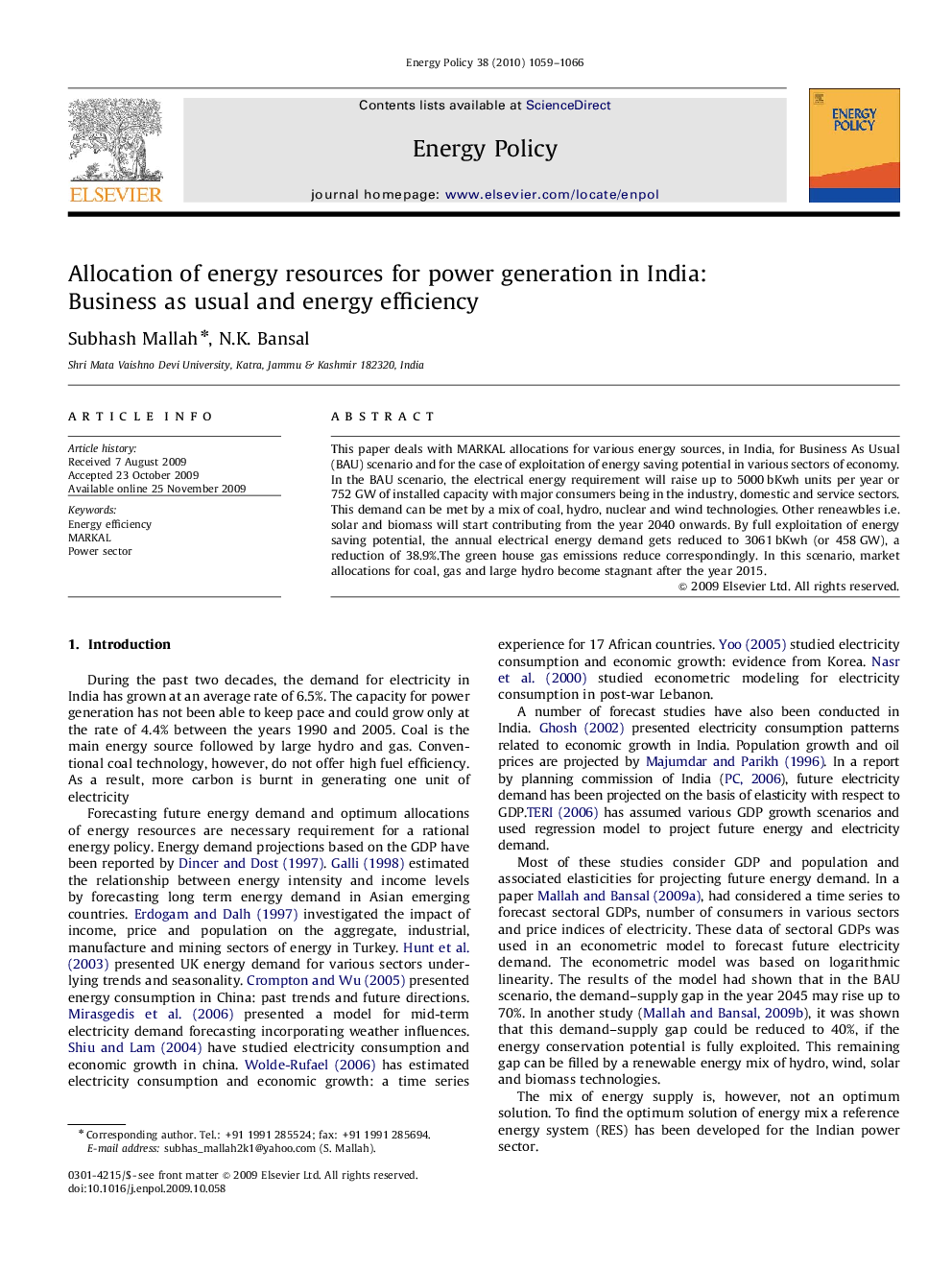 Allocation of energy resources for power generation in India: Business as usual and energy efficiency