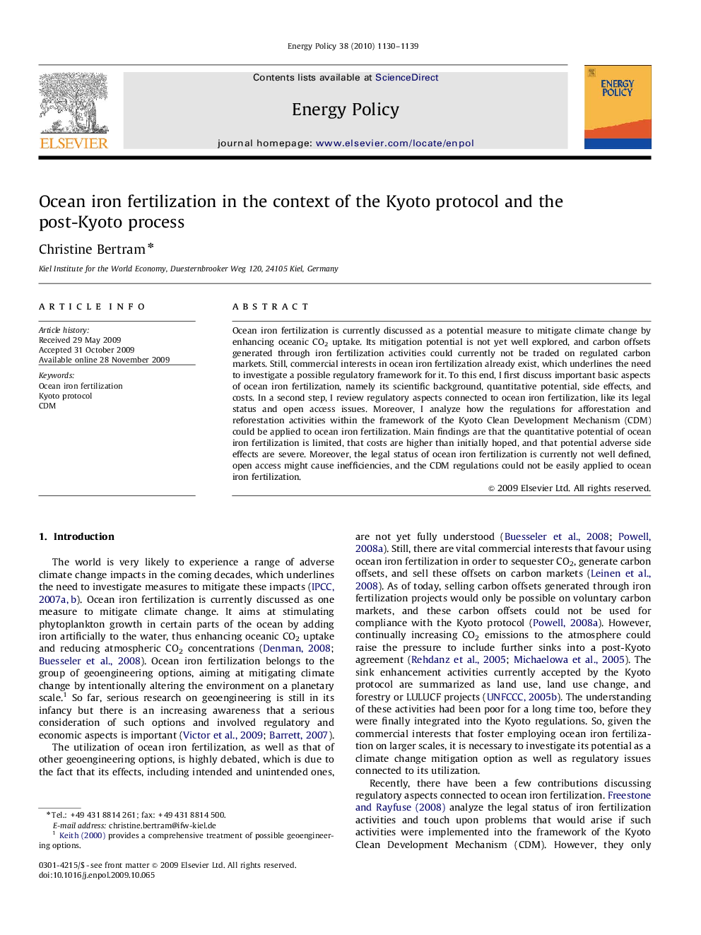 Ocean iron fertilization in the context of the Kyoto protocol and the post-Kyoto process