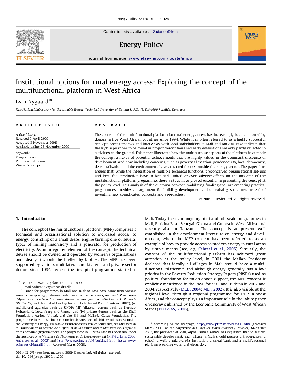 Institutional options for rural energy access: Exploring the concept of the multifunctional platform in West Africa