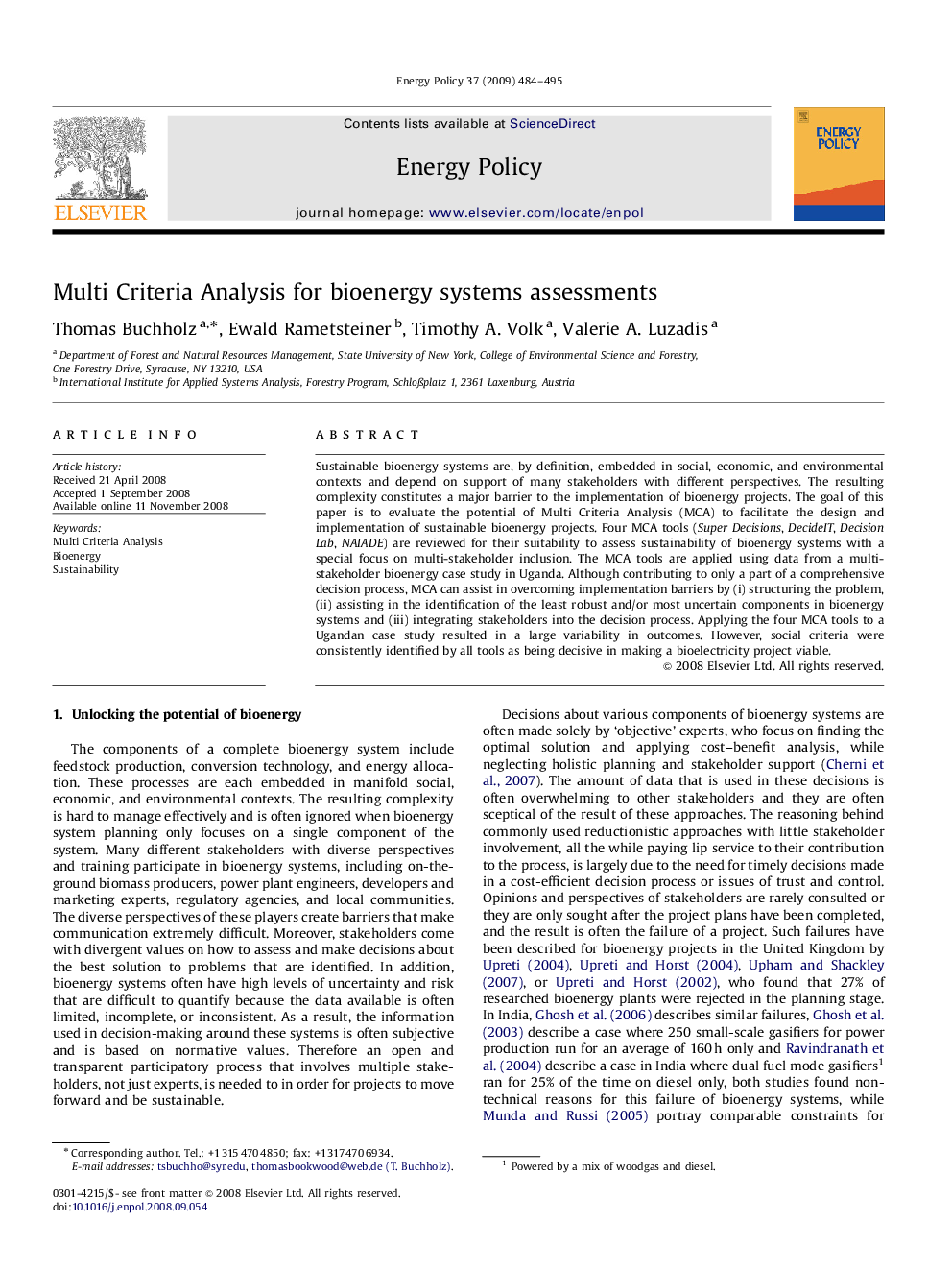 Multi Criteria Analysis for bioenergy systems assessments