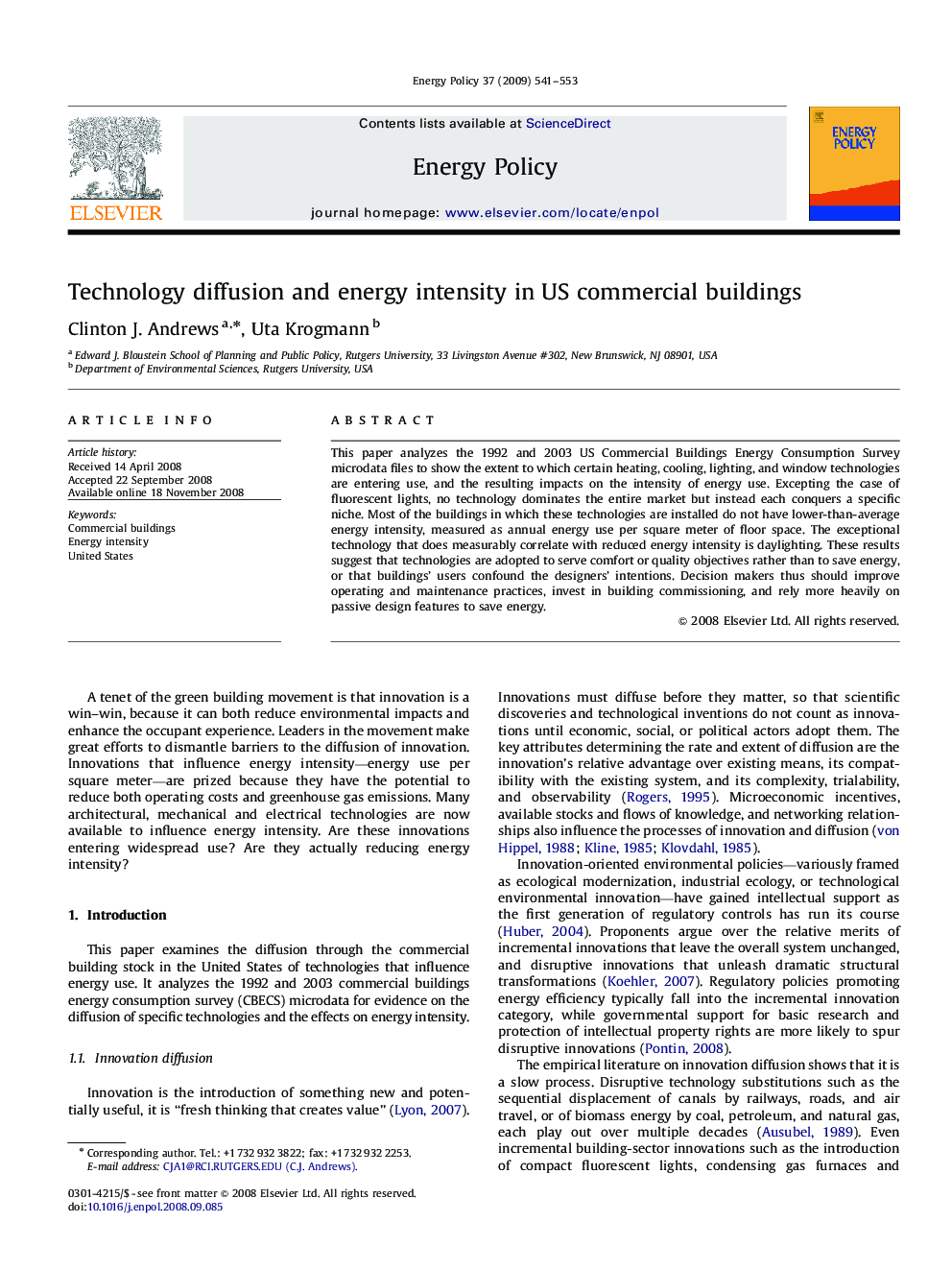 Technology diffusion and energy intensity in US commercial buildings