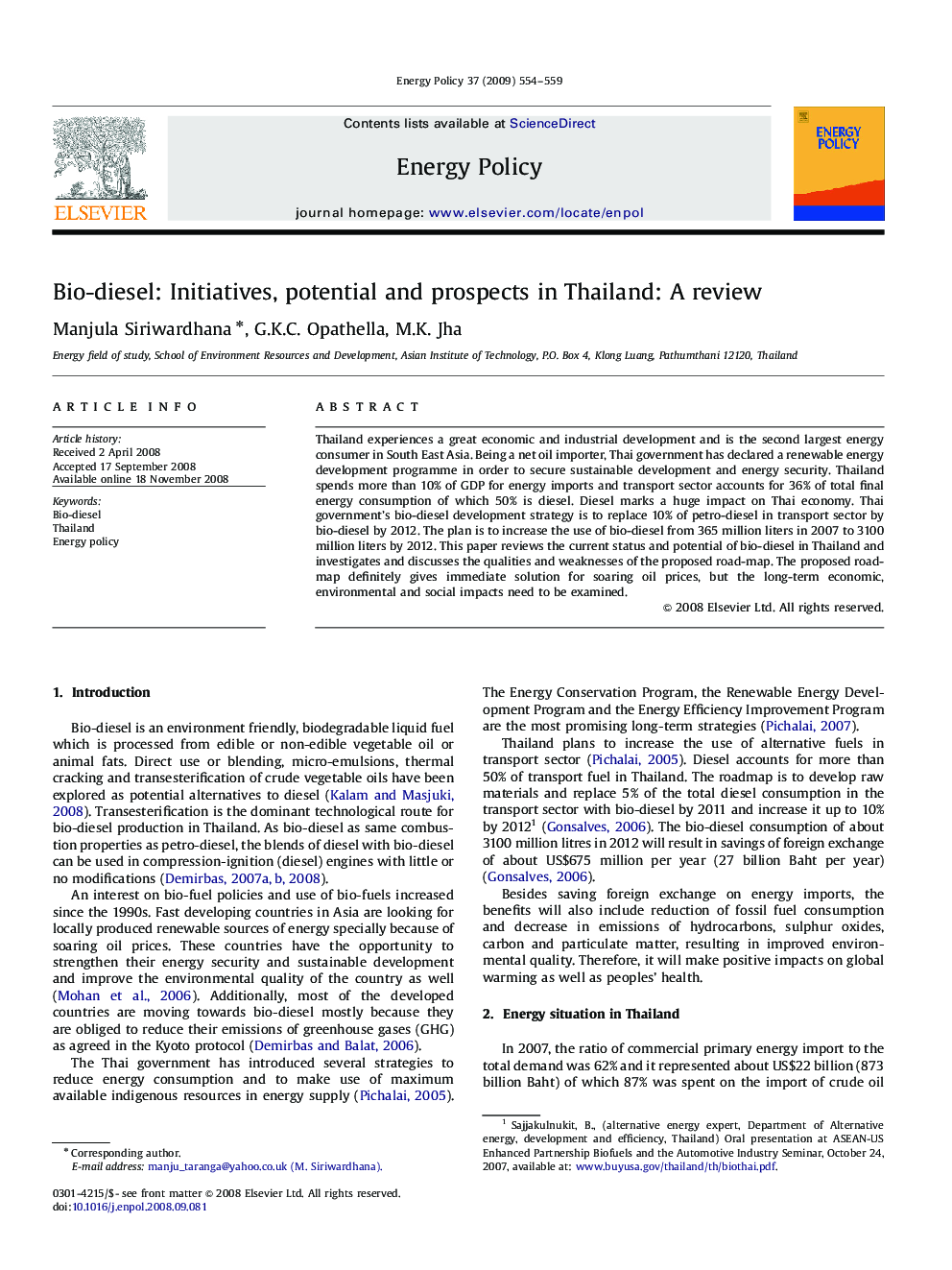 Bio-diesel: Initiatives, potential and prospects in Thailand: A review