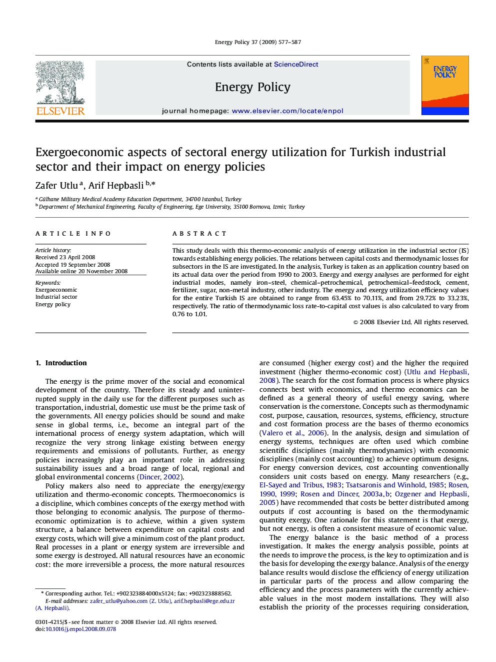Exergoeconomic aspects of sectoral energy utilization for Turkish industrial sector and their impact on energy policies