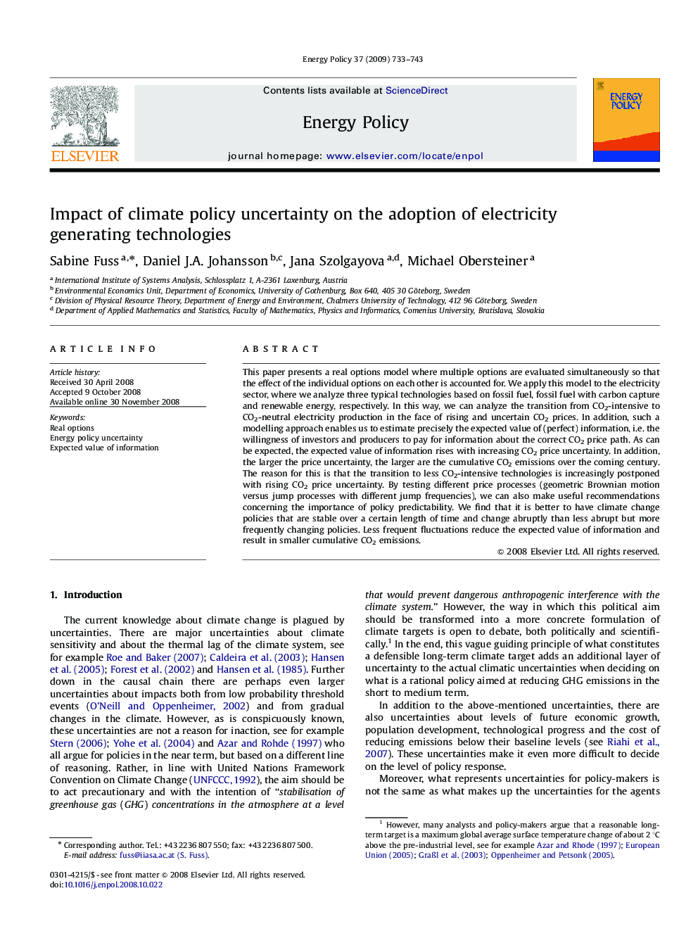 Impact of climate policy uncertainty on the adoption of electricity generating technologies