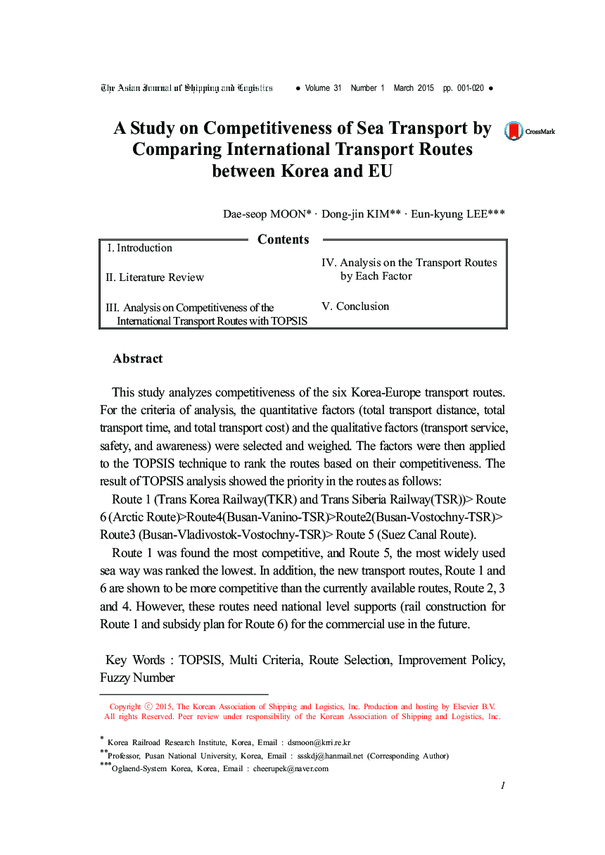 A Study on Competitiveness of Sea Transport by Comparing International Transport Routes between Korea and EU